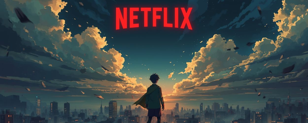 Ein junger Held steht auf einem Hochhausdach und blickt auf das rot glühende Netflix-Logo über der Stadt – Symbol für den kommenden My-Hero-Academia-Realfilm.