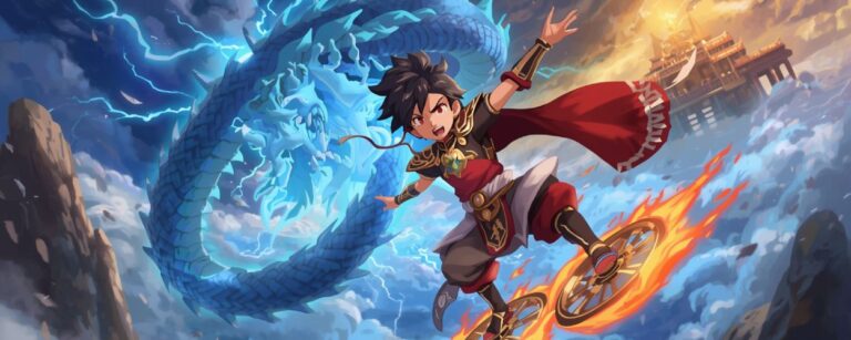 Dynamische Fantasy-Illustration eines jungen Helden auf brennenden Rädern in der Luft, hinter ihm ein leuchtender blauer Drachengeist und ein himmlischer Tempel über den Wolken.