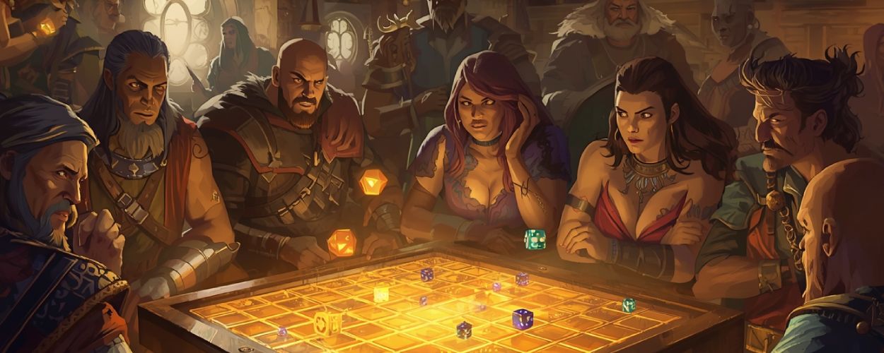 Eine Gruppe von Abenteurern sitzt in einer Taverne um ein leuchtendes Spielfeld und würfelt über ihr Schicksal – Sinnbild für das taktische Roguelite Odds Chronicles, in dem Strategie und Zufall aufeinandertreffen.