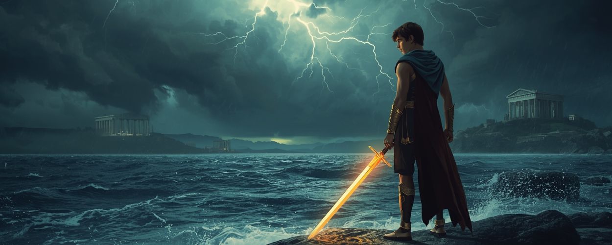 Ein junger Halbgott mit leuchtendem Schwert steht am Meer unter Blitz und Donner – Percy Jackson kehrt im Free TV zurück.