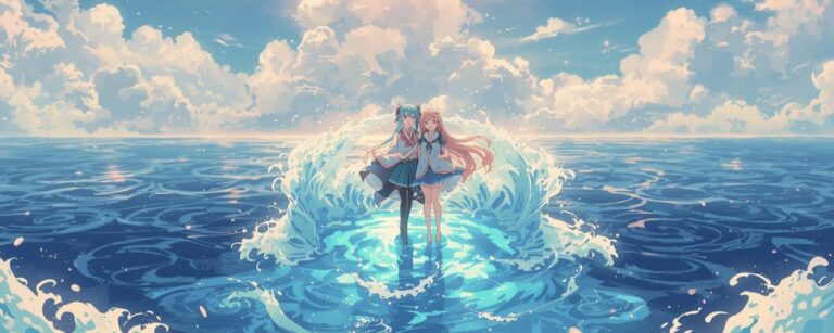 Rimuru steht mit Yura auf einer schimmernden Insel unter strahlendem Himmelsblau – Szene aus dem kommenden Film Tears of the Azure Sea.