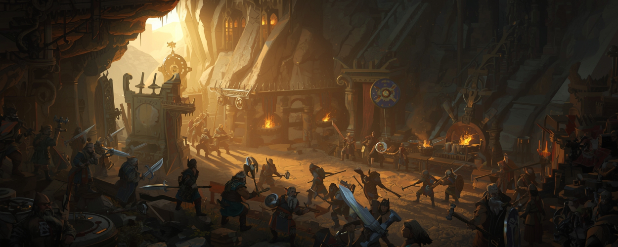 Zwerge schmieden Waffen in den Tiefen Morias, während goldenes Licht durch die Hallen fällt – ein neues Abenteuer in Mittelerde kündigt sich an.
