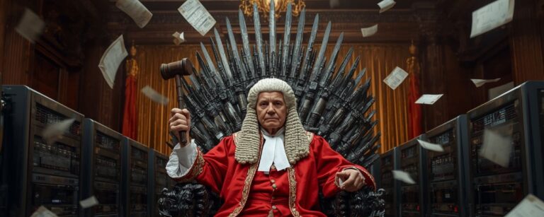 Ein Richter sitzt auf einem eisernen Thron aus Servern und Schreibfedern – Sinnbild für den Kampf zwischen Autoren und künstlicher Intelligenz.