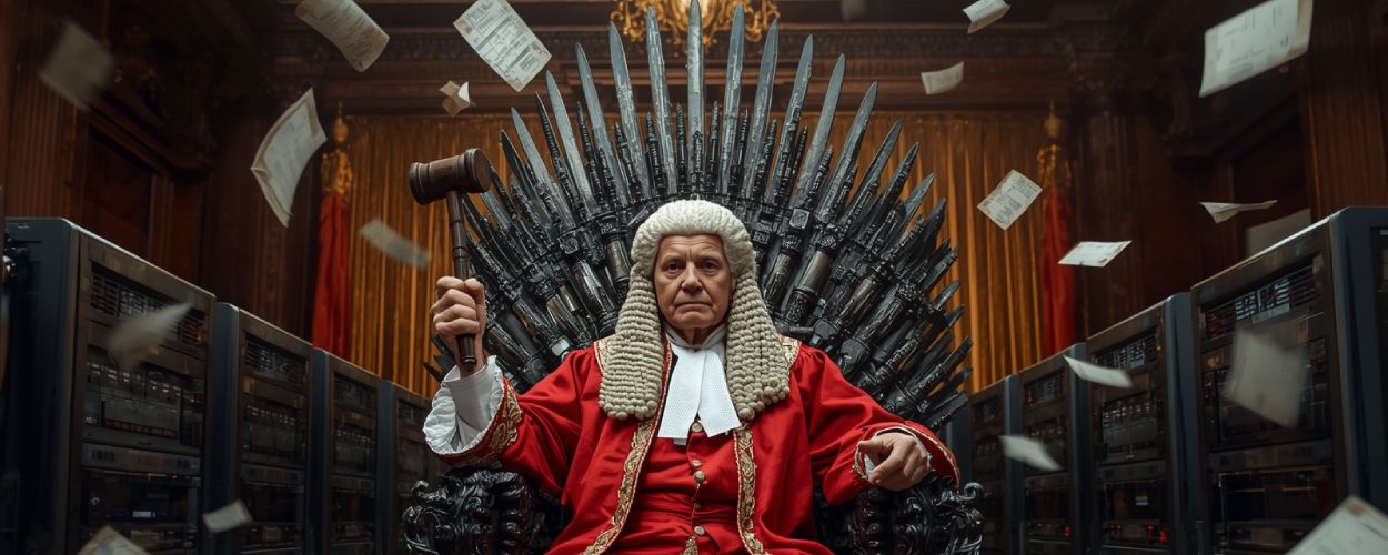 Ein Richter sitzt auf einem eisernen Thron aus Servern und Schreibfedern – Sinnbild für den Kampf zwischen Autoren und künstlicher Intelligenz.