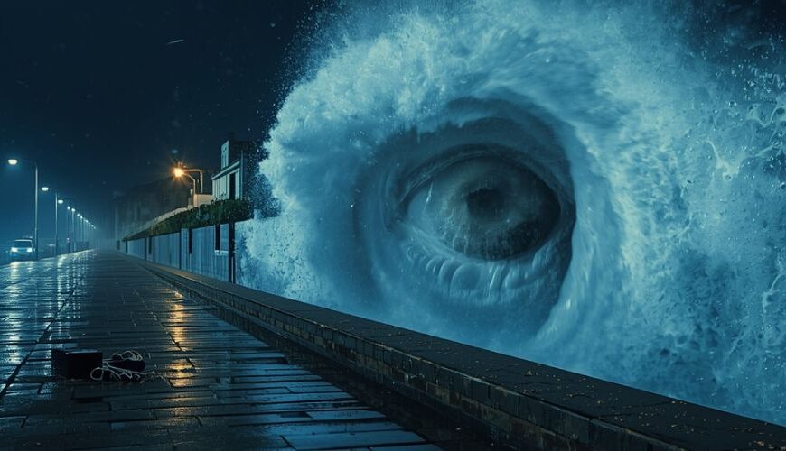 Eine nächtliche Promenade an der Küste, nasse Pflastersteine im Licht der Laternen; eine gewaltige Welle türmt sich auf und formt das deutliche Abbild eines riesigen Auges aus Wasser und Schaum.
