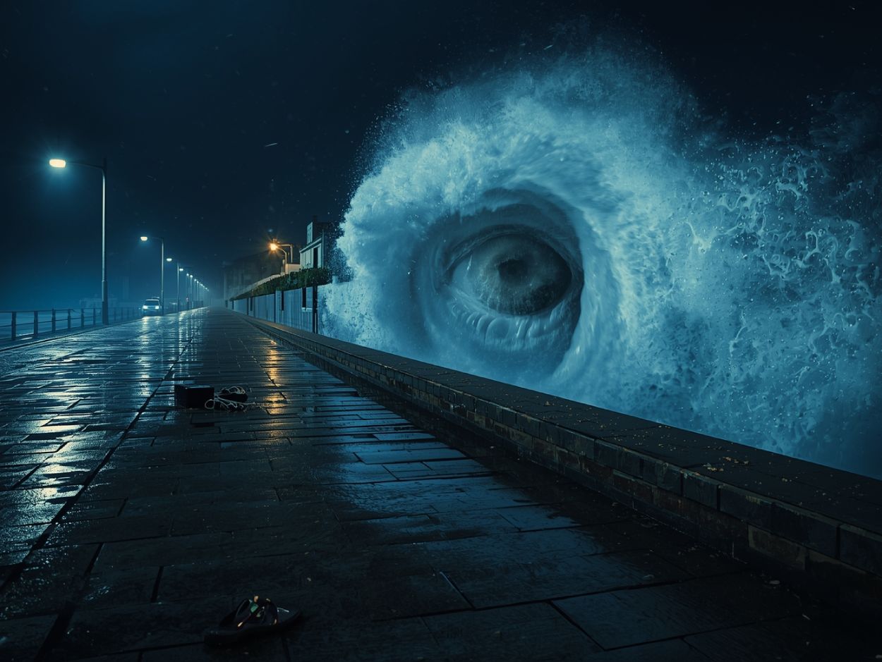 Eine nächtliche Promenade an der Küste, nasse Pflastersteine im Licht der Laternen; eine gewaltige Welle türmt sich auf und formt das deutliche Abbild eines riesigen Auges aus Wasser und Schaum.