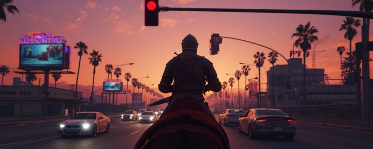 Ein Ritter auf einem Pferd steht vor einer roten Ampel im Abendverkehr von Los Santos – ein satirisches Sinnbild für Rockstars möglichen Sprung vom Gangster- zum Fantasy-Genre.