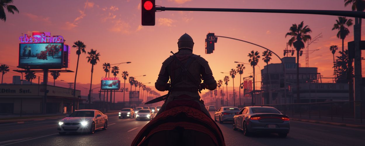 Ein Ritter auf einem Pferd steht vor einer roten Ampel im Abendverkehr von Los Santos – ein satirisches Sinnbild für Rockstars möglichen Sprung vom Gangster- zum Fantasy-Genre.