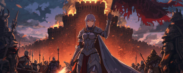 Anime-Visual zeigt Gräfin Romélia in glänzender Rüstung vor einer brennenden Festung, das Schwert erhoben, während ihre Armee zum Kampf gegen die Dämonen marschiert.