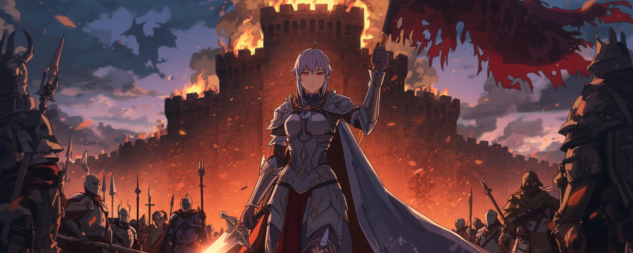 Anime-Visual zeigt Gräfin Romélia in glänzender Rüstung vor einer brennenden Festung, das Schwert erhoben, während ihre Armee zum Kampf gegen die Dämonen marschiert.