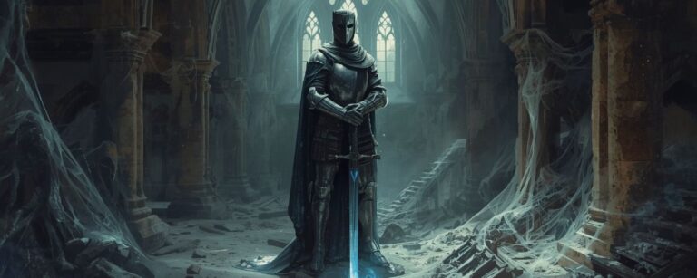 Eine verfallene Ritterstatue im Staub einer alten Kathedrale – Sinnbild für das gealterte Erbe von Sacred 2.