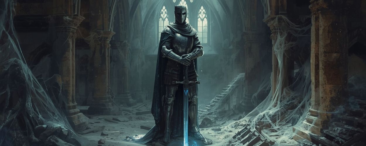 Eine verfallene Ritterstatue im Staub einer alten Kathedrale – Sinnbild für das gealterte Erbe von Sacred 2.