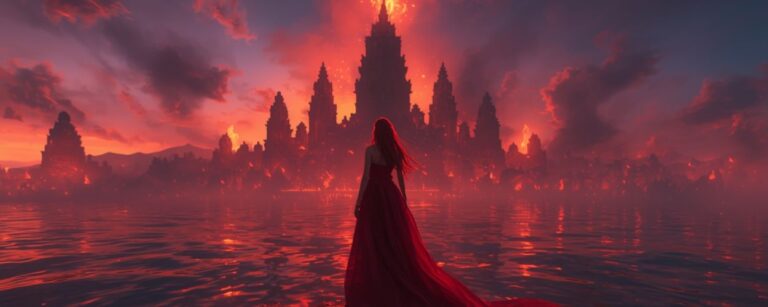 Eine Frau in einem flammendroten Kleid steht am Ufer eines glühenden Sees und blickt auf eine brennende Stadt aus Türmen und Tempeln, die im Abendrot versinkt. Lava und Nebel vermischen sich zu einer surrealen Szenerie, die an das Nachleben erinnert – eine visuell kraftvolle Hommage an Mamoru Hosodas Scarlet.