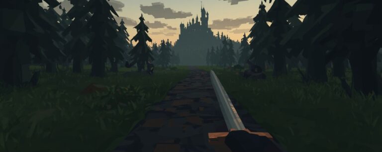 Shores of Vaelithar: Blick aus der Ego Perspektive auf einen Waldpfad mit Schwert im Vordergrund und dunkler Festung im Hintergrund