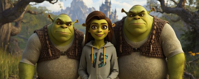 Drei Teenager-Oger mit grüner Haut stehen im Märchen-Sumpf, in der Mitte eine lächelnde Oger-Tochter im Hoodie, links und rechts ihre kräftigen Brüder, im Hintergrund ein Schloss.