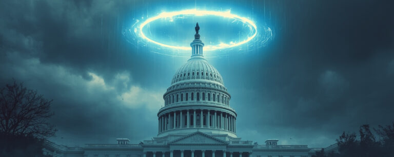 Das US-Kapitol unter dunklen Sturmwolken, über der Kuppel schwebt ein leuchtender magischer Kreis aus bläulichem Licht – Symbol für den gebrochenen Bann von Washington.