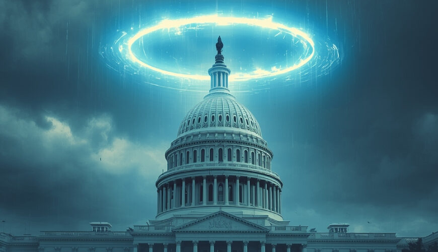 Das US-Kapitol unter dunklen Sturmwolken, über der Kuppel schwebt ein leuchtender magischer Kreis aus bläulichem Licht – Symbol für den gebrochenen Bann von Washington.