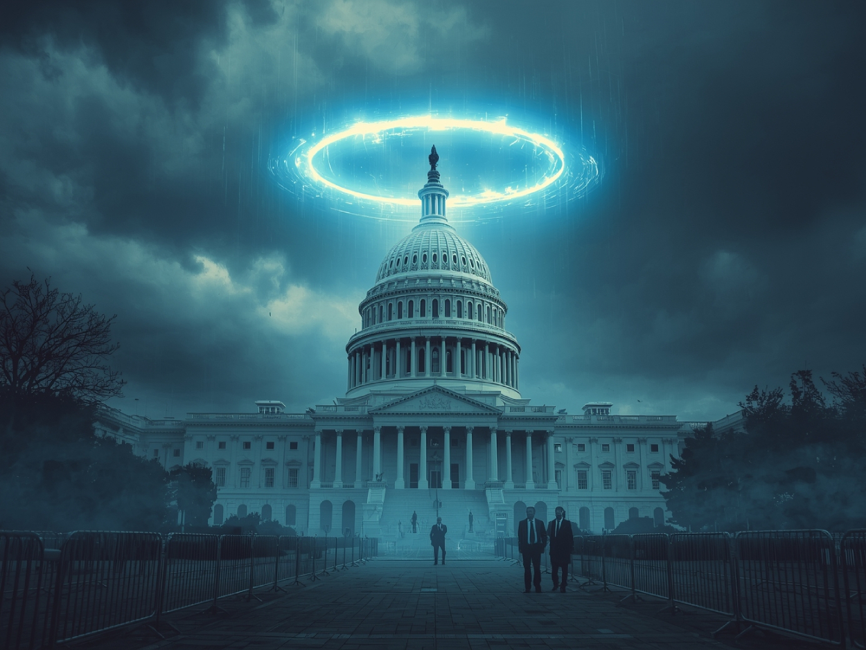 Das US-Kapitol unter dunklen Sturmwolken, über der Kuppel schwebt ein leuchtender magischer Kreis aus bläulichem Licht – Symbol für den gebrochenen Bann von Washington.