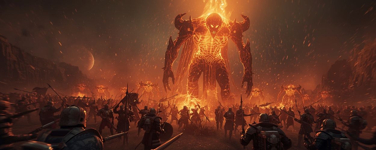 Eine Armee gepanzerter Krieger stürmt gegen feurige Titanen aus Licht und Magie – Symbolbild für das taktische Fantasy-RPG Slaves of Magic, in dem Widerstand zur Kunstform wird.