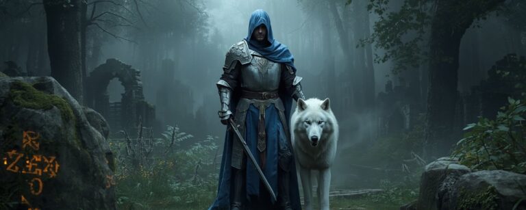 Ein vermummter Fantasy-Ritter in abgenutzter Plattenrüstung und blauem Umhang steht mit gezücktem Schwert in einem nebligen Wald, an seiner Seite ein weißer Wolf, im Hintergrund überwucherte Ruinen und leuchtende Runensteine.