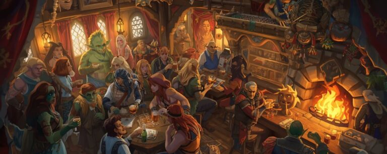 In einer belebten Fantasy-Taverne trinken Orks, Elfen und Menschen gemeinsam am Feuer – Sinnbild für die chaotisch-gemütliche Welt von Tavern Keeper, jetzt im Early Access auf Steam.