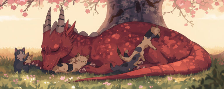 Ein roter Drache schläft friedlich unter einem Kirschbaum, während verspielte Katzen um ihn herumtollen – eine Szene voller Wärme aus The Cat and the Dragon.