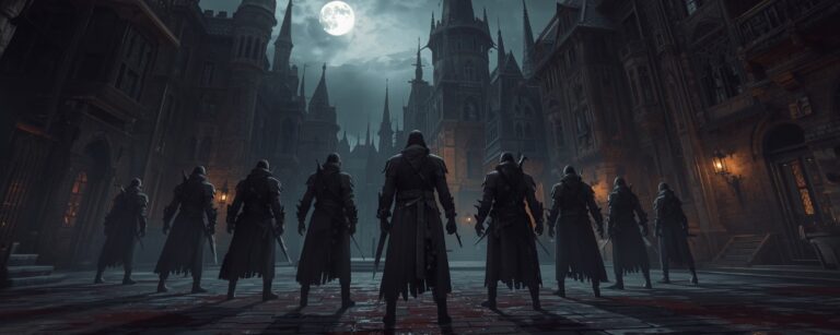 Acht Bloodsworn-Krieger stehen in einer düsteren gotischen Stadt vor blutgetränkten Pflastersteinen, The-Duskbloods-Setting unter einem hellen Vollmond.