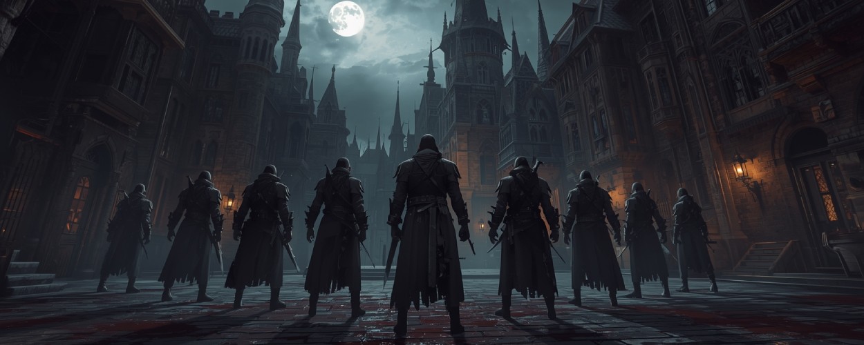 Acht Bloodsworn-Krieger stehen in einer düsteren gotischen Stadt vor blutgetränkten Pflastersteinen, The-Duskbloods-Setting unter einem hellen Vollmond.