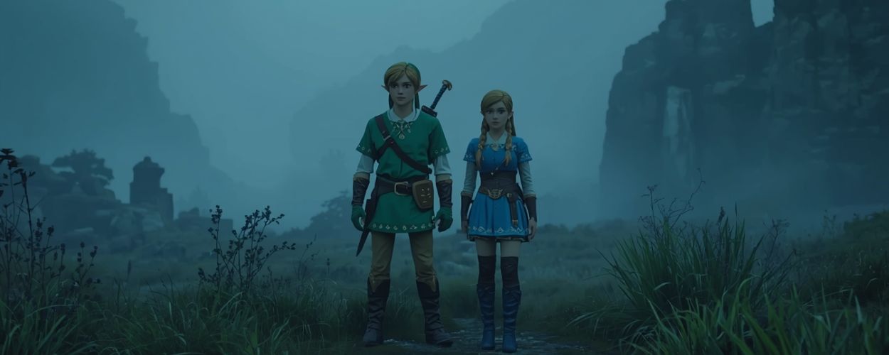 Link und Zelda in voller Montur stehen in einer neuseeländischen Landschaft im Nebel – erste visuelle Eindrücke vom kommenden Legend of Zelda-Film.