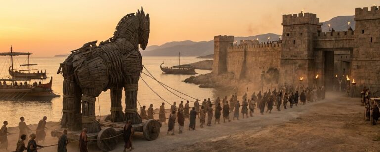 Ein gewaltiges hölzernes Pferd wird bei Sonnenuntergang von dutzenden Soldaten mit Seilen an einer Küstenstraße entlang in Richtung Stadttor einer antiken Festung gezogen, im Hintergrund liegen Kriegsschiffe auf dem Meer.