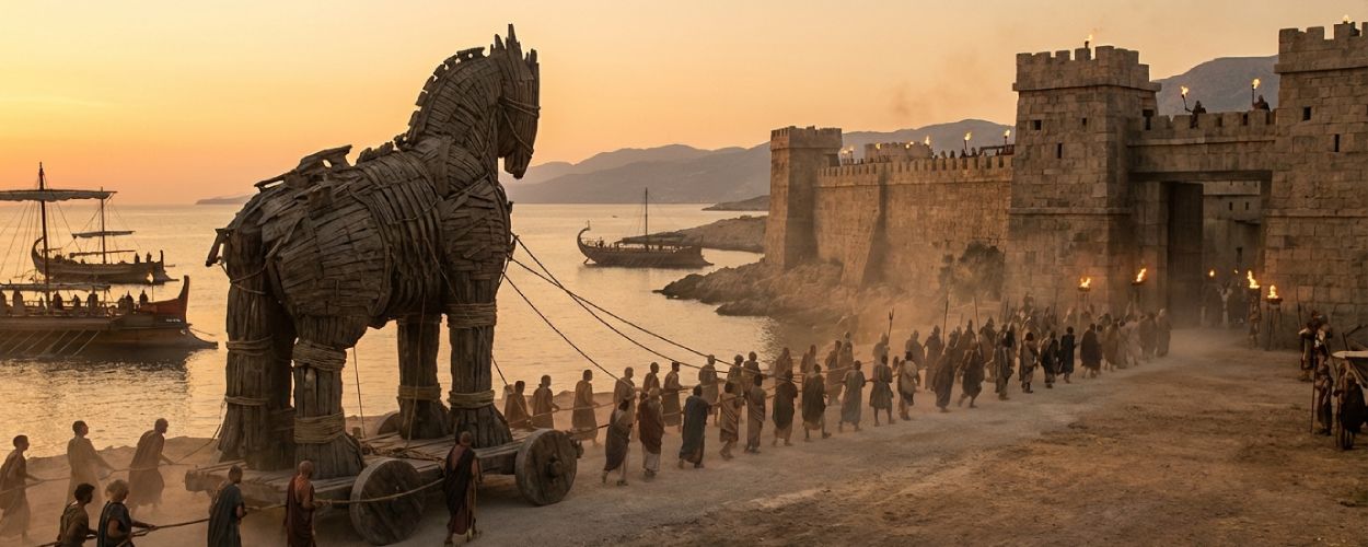 Ein gewaltiges hölzernes Pferd wird bei Sonnenuntergang von dutzenden Soldaten mit Seilen an einer Küstenstraße entlang in Richtung Stadttor einer antiken Festung gezogen, im Hintergrund liegen Kriegsschiffe auf dem Meer.