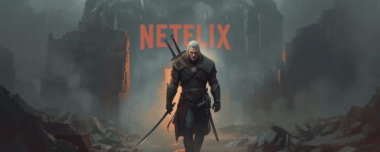 Ein Hexer mit gezogenem Schwert schreitet durch die Trümmer eines brennenden Netflix-Schriftzugs – Sinnbild für den Absturz von The Witcher in Staffel vier.