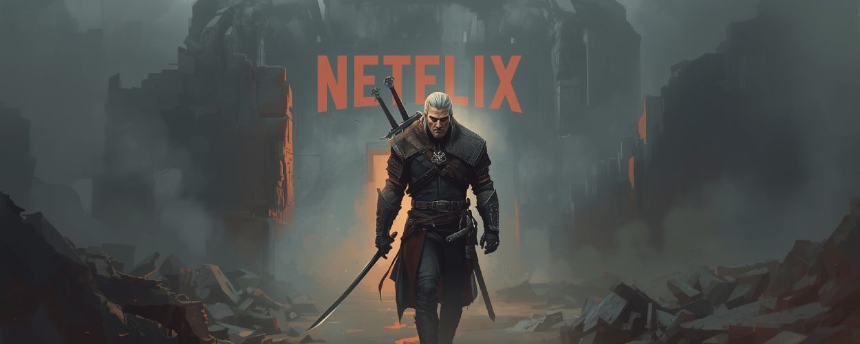 Ein Hexer mit gezogenem Schwert schreitet durch die Trümmer eines brennenden Netflix-Schriftzugs – Sinnbild für den Absturz von The Witcher in Staffel vier.