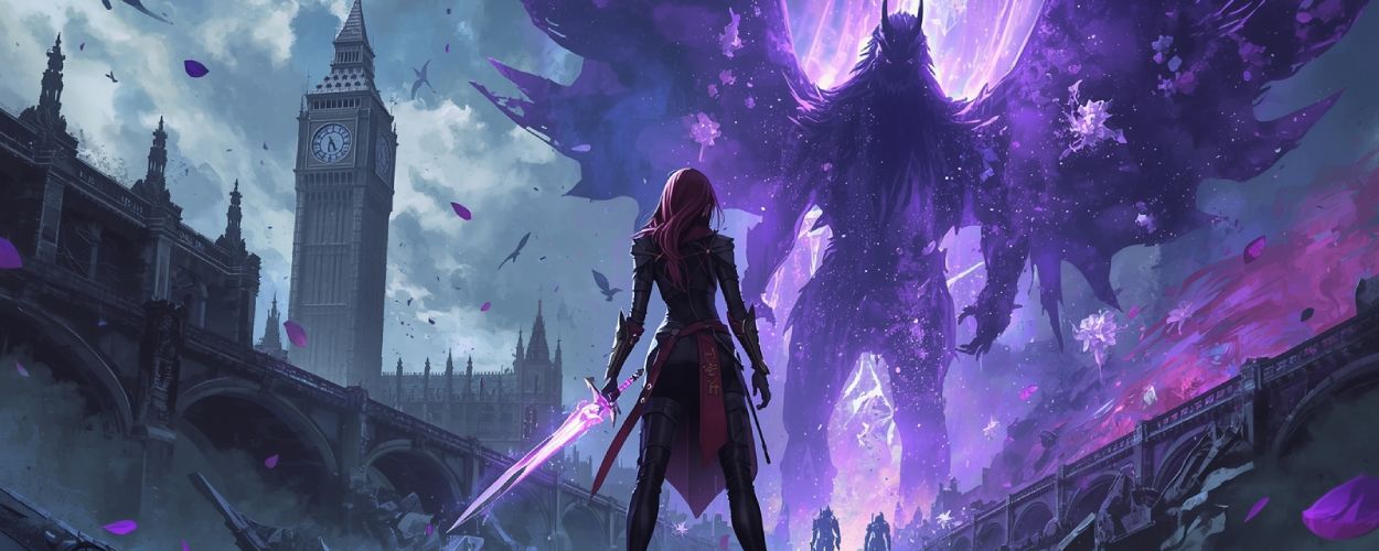 Gwendolyn in schwarzer und purpurfarbener Rüstungsoptik schreitet mit leuchtendem Schwert durch ein zerstörtes, lilafarben verzerrtes London, während hinter ihr ein riesiges geflügeltes Monster aufragt und Big Ben in magischer Explosion untergeht.