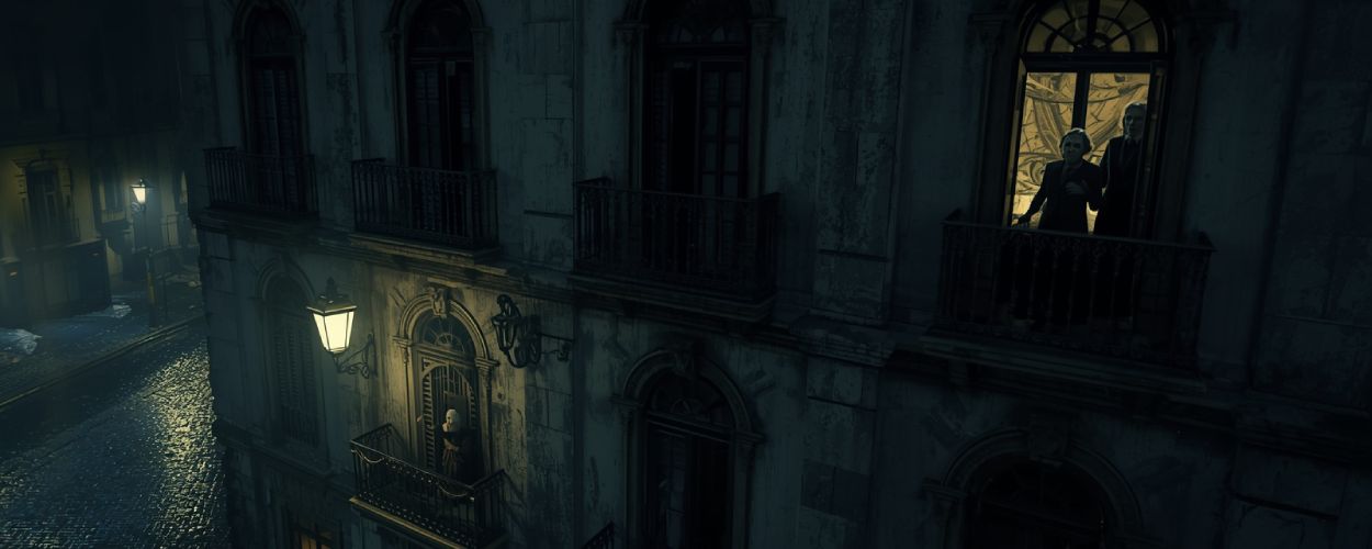 Ein altes Apartmenthaus in Bilbao bei Nacht, beleuchtet von schwachem Straßenlicht. Drei unheimliche Nachbarn stehen in ihren Fenstern und blicken hinaus, während das Pflaster im Regen glänzt. Eine düstere, filmische Szene voller Spannung und Geheimnis.