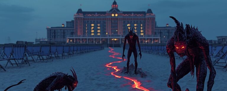 Düstere Fantasy Illustration eines Strandes vor einem Grandhotel, aus einem glühenden Riss im Sand klettern drei höllische Sandteufel mit leuchtenden Augen, links und rechts stehen leere Strandkörbe.