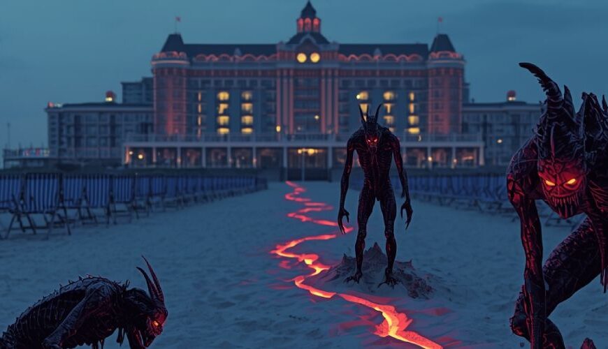 Düstere Fantasy Illustration eines Strandes vor einem Grandhotel, aus einem glühenden Riss im Sand klettern drei höllische Sandteufel mit leuchtenden Augen, links und rechts stehen leere Strandkörbe.