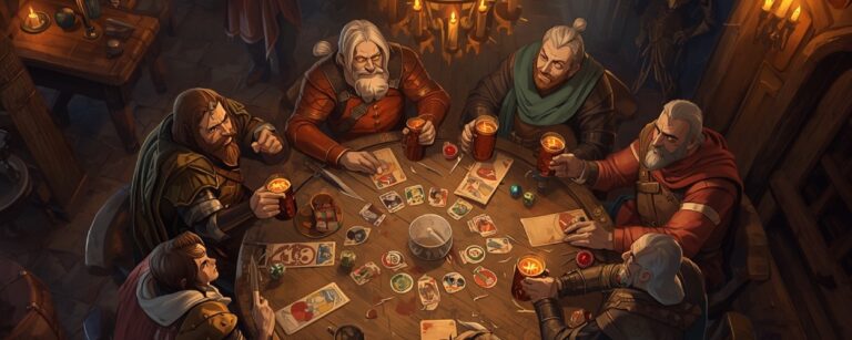 In einer mittelalterlichen Fantasy-Taverne sitzen bewaffnete Abenteurer an einem runden Holztisch, vor ihnen liegen Karten, Marker und Würfel, während sie sich mit misstrauischen Blicken über ihre Krüge hinweg mustern.