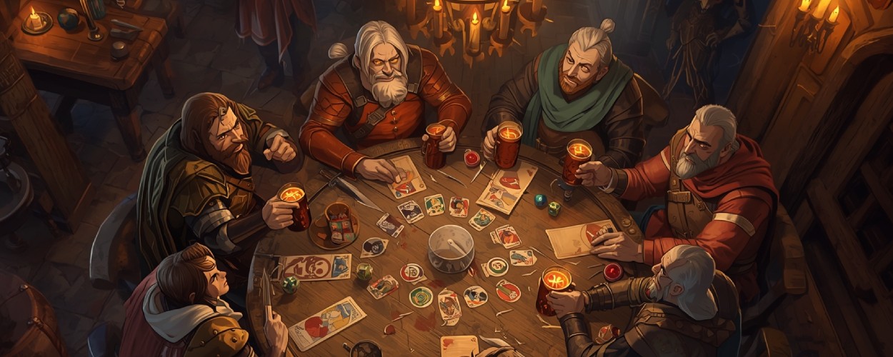 In einer mittelalterlichen Fantasy-Taverne sitzen bewaffnete Abenteurer an einem runden Holztisch, vor ihnen liegen Karten, Marker und Würfel, während sie sich mit misstrauischen Blicken über ihre Krüge hinweg mustern.