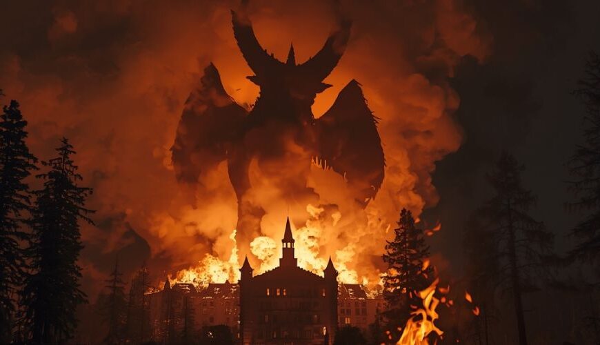 Ein brennendes Luxushotel am Waldrand, aus dessen Rauch sich die feurige Silhouette des Flammendämons Zhul Tra’hl erhebt; im Vordergrund ein brennender Koffer als Symbol der verlorenen Seele.