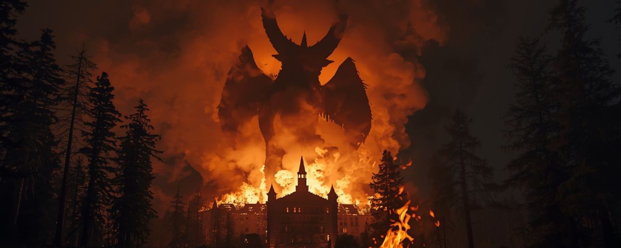 Ein brennendes Luxushotel am Waldrand, aus dessen Rauch sich die feurige Silhouette des Flammendämons Zhul Tra’hl erhebt; im Vordergrund ein brennender Koffer als Symbol der verlorenen Seele.