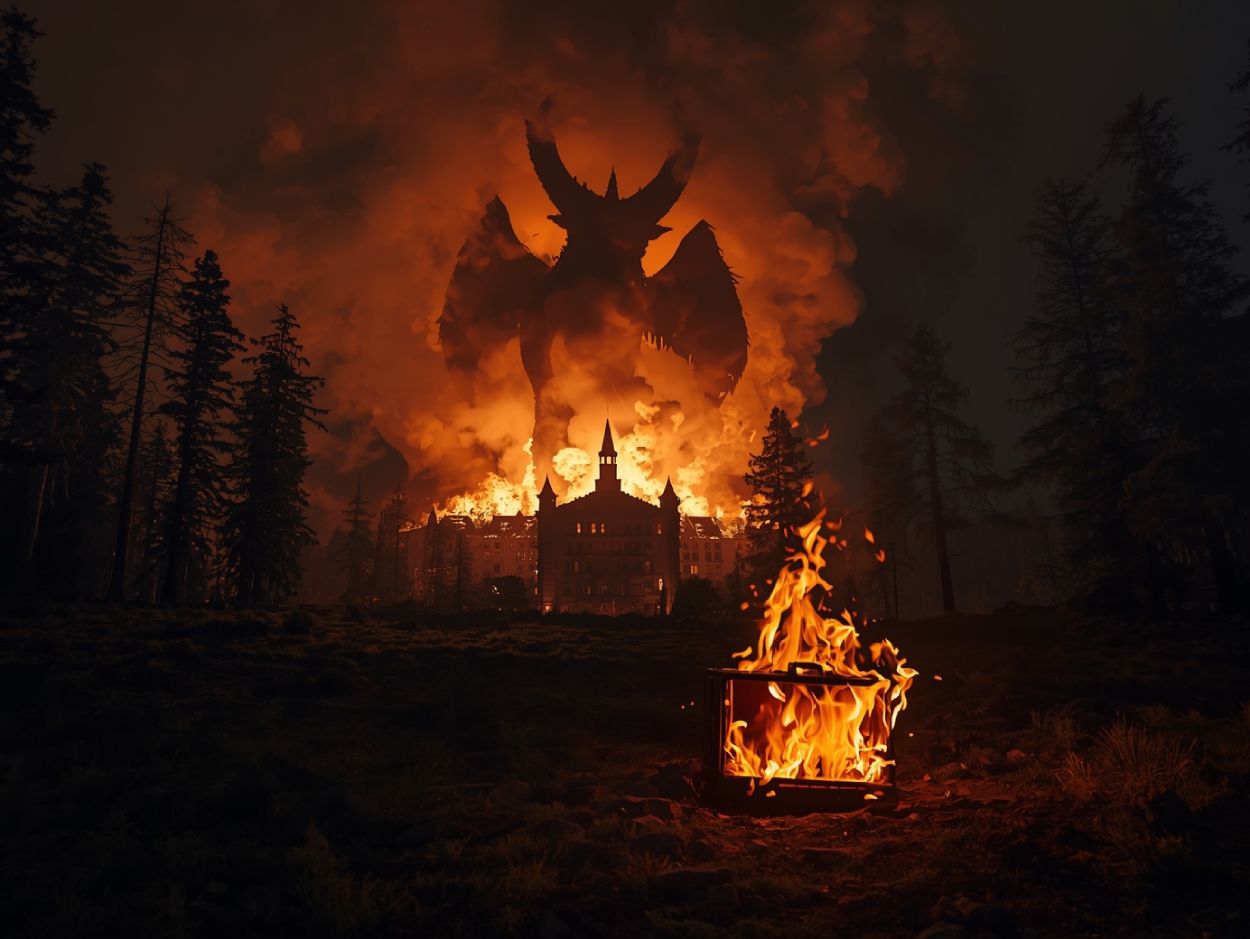Ein brennendes Luxushotel am Waldrand, aus dessen Rauch sich die feurige Silhouette des Flammendämons Zhul Tra’hl erhebt; im Vordergrund ein brennender Koffer als Symbol der verlorenen Seele.