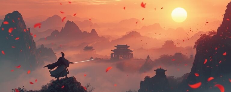 Ein Schwertkämpfer steht auf einem Felsen und blickt über nebelverhangene Berge und Tempel im Morgenlicht – Szene aus dem epischen Wuxia-RPG Where Winds Meet.