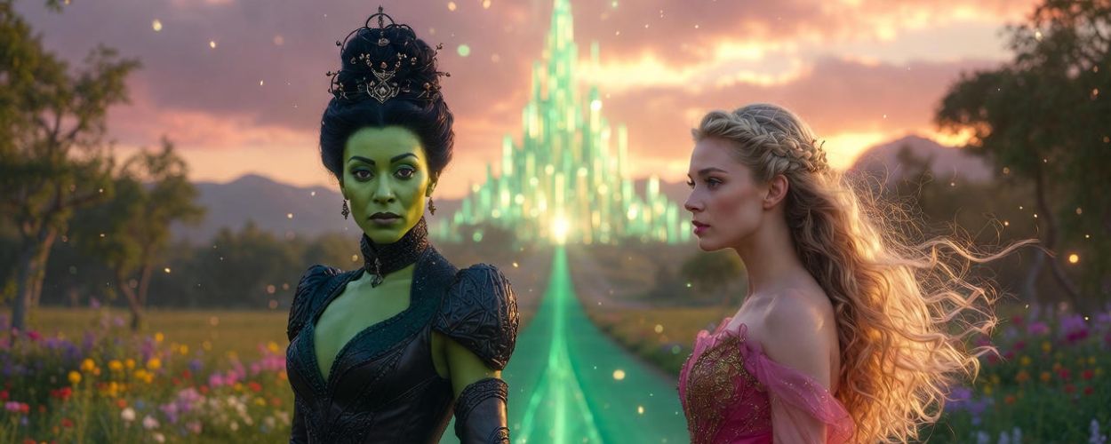 Zwei Hexen in leuchtenden Kleidern stehen vor smaragdgrüner Kulisse – Szene aus dem Fantasy-Musical „Wicked 2“.