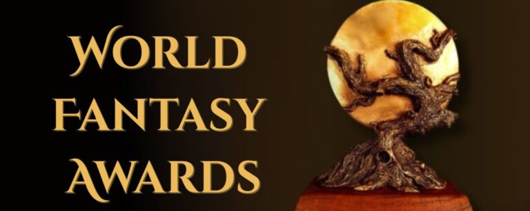 Eine festliche Bühne mit schwebenden Büchern und leuchtenden Runen – Sinnbild für die Magie der World Fantasy Awards 2025.