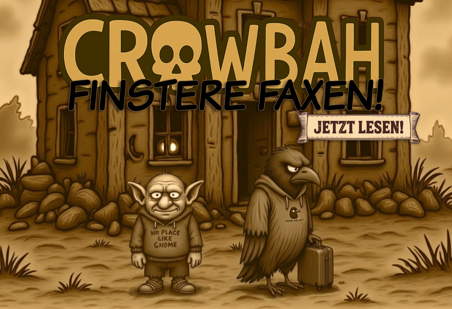 Sepia-Banner: Verfallenes Haus im Hintergrund, vorne Grabhold und Crowbah mit Koffer. Links die Überschrift „Crowbah & Grabhold: Finstere Faxen!“, rechts ein gerolltes Ribbon mit „JETZT LESEN!“.