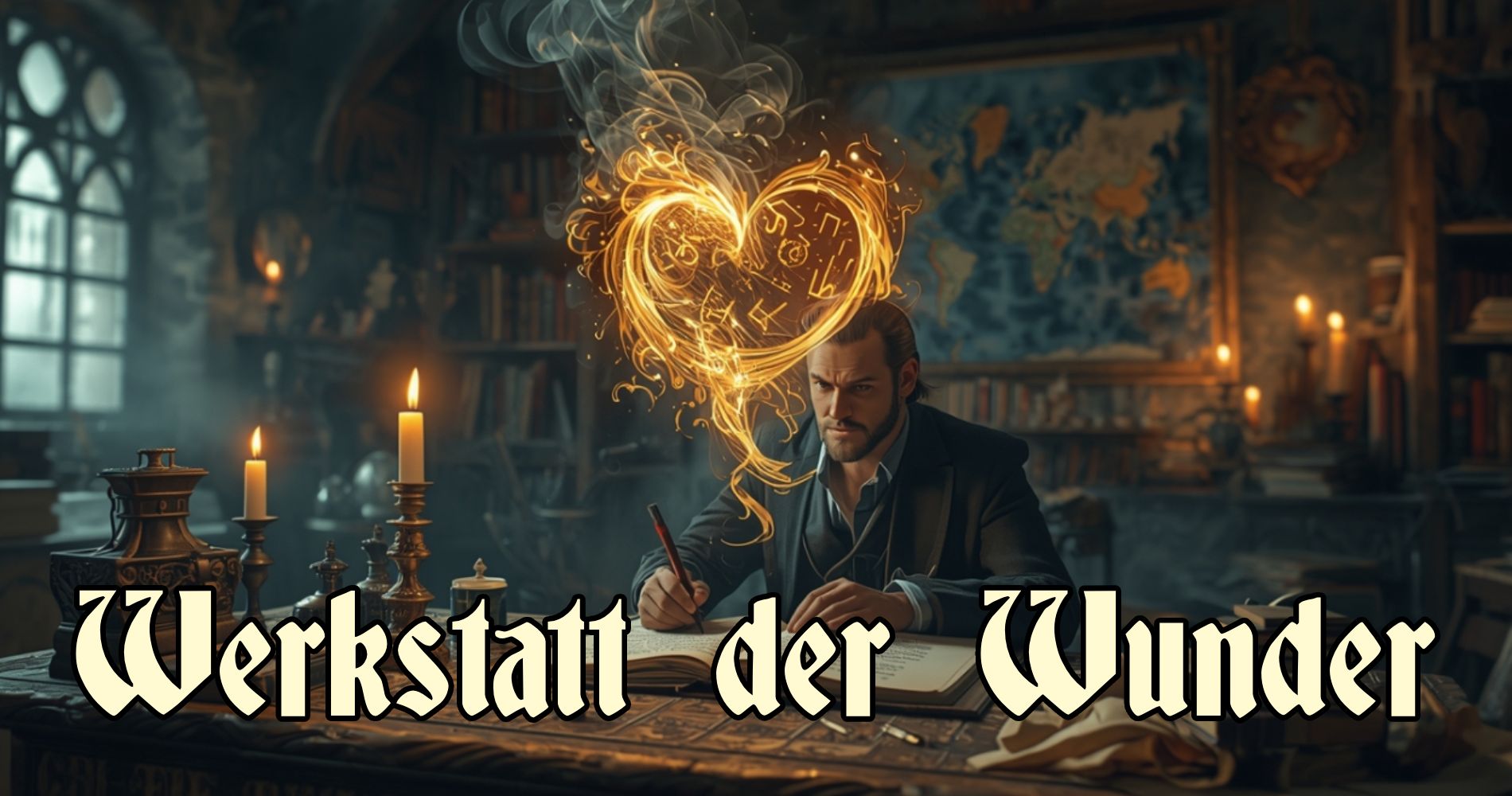 Fantasyautor schreibt in einem alten Arbeitszimmer, über dem Buch formen sich glühende Runen zu einem leuchtenden Motiv – Symbol für das Herz einer Geschichte.