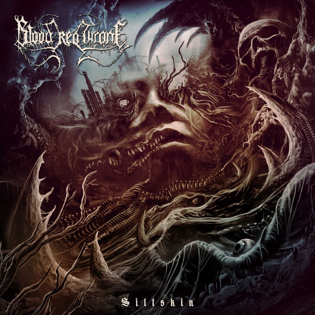 Albumcover Blood Red Throne Siltskin – halb verwischtes Gesicht, das in einem Strudel aus Knochen, Tentakeln, Wirbelsäulen und Schädeln versinkt, in braun violetten und grauen Farbtönen vor dunklem Hintergrund.