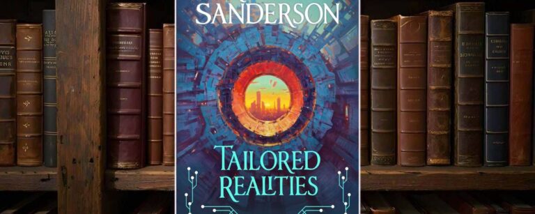 Cover von Brandon Sandersons »Tailored Realities« vor einem Regal mit alten, ledergebundenen Büchern: Im Zentrum ein kreisförmiges, blau-türkis und rot leuchtendes Portal, durch dessen Öffnung eine goldene Stadtsilhouette im Sonnenuntergang zu sehen ist, darüber der Autorenname in weißen Lettern, darunter der Titel in türkisblauer Schrift.