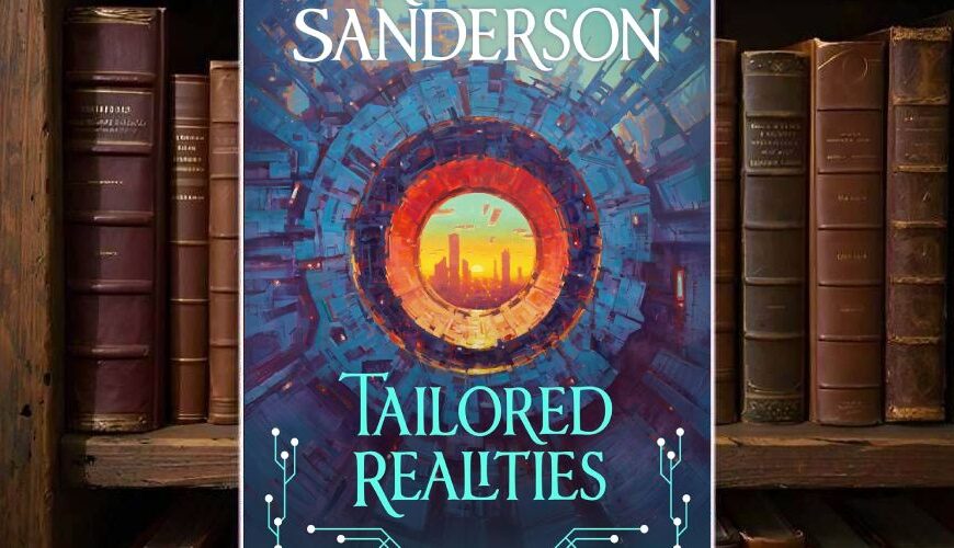 Cover von Brandon Sandersons »Tailored Realities« vor einem Regal mit alten, ledergebundenen Büchern: Im Zentrum ein kreisförmiges, blau-türkis und rot leuchtendes Portal, durch dessen Öffnung eine goldene Stadtsilhouette im Sonnenuntergang zu sehen ist, darüber der Autorenname in weißen Lettern, darunter der Titel in türkisblauer Schrift.